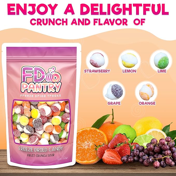 Freeze Dried Candy, Fruit Crunch Sour, 4 oz, Assorted Strawberry, Orange, Lemon, Grape, Lime Flavors, Bag Pouch, Ideal Gift Snack