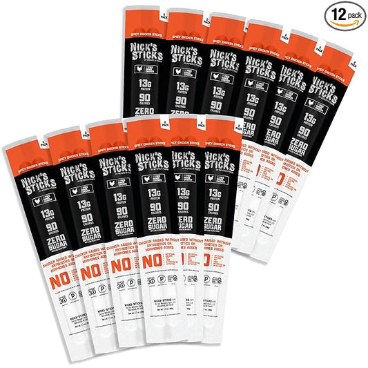 Nick's Sticks Spicy Free Range Clean & Balanced Chicken Snack Sticks | Made in the USA | Gluten Free | Paleo | Keto | Whole30 Approved | No Soy, Antibiotics or Hormones (12 – 1.7oz. Packages of 2 Sticks)