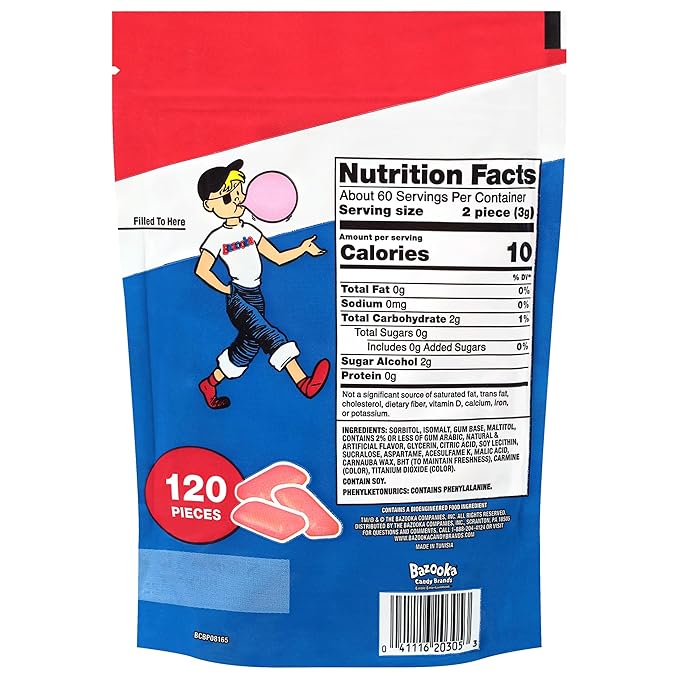 Bazooka New Sugar-Free Bulk Bubble Gum Pellets, Resealable Candy Bag for Sharing, Parties, Vintage Themes & More - Original Flavor, 120 Count Bag