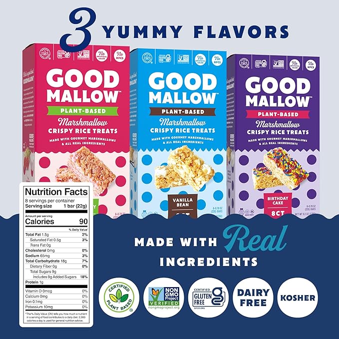 GoodMallow Vegan Rice Crispy Treats Individually Wrapped Box of 24 , Kosher Vegan Snacks, Gluten Free Dairy Free Snacks for Kids & Adults - Healthy Sweets Made with Gourmet Marshmallows , Made in USA -combo pack of all flavors