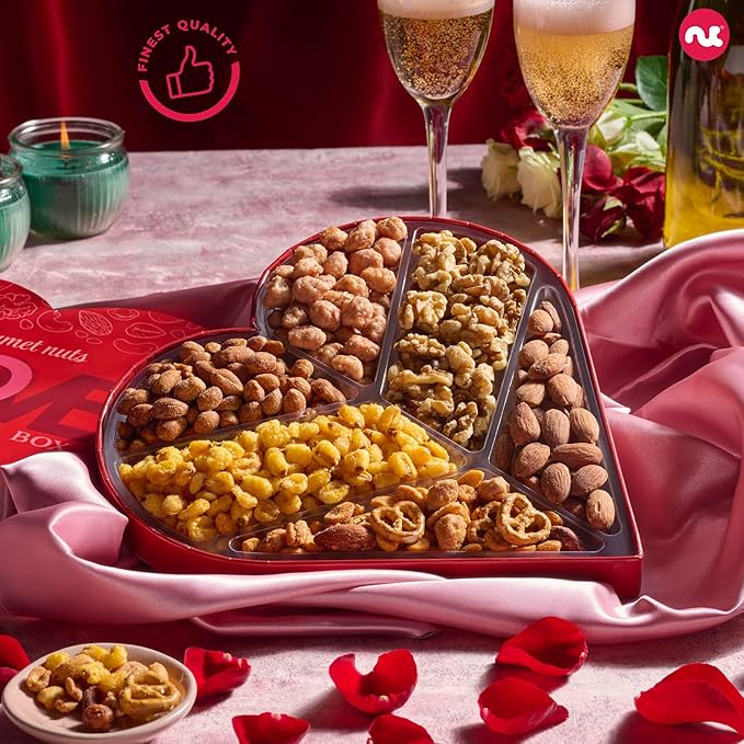 NUT CRAVINGS - Valentines Day Mixed Nuts Heart Shaped Gift Basket, Love in A Box (6 Assortments) Romantic Food Arrangement, Healthy Snack Care Package, Food Assortments