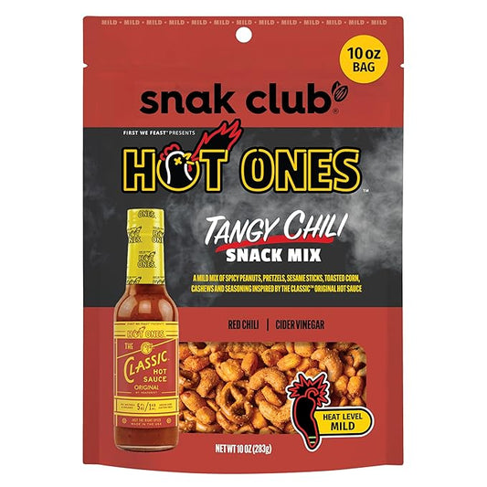 Snak Club x Hot Ones Tangy Chili Snack Mix, Mild Spicy Snacks with Peanuts, Pretzels, Sesame Sticks, Toasted Corn & Cashews, Inspired by Hot Ones Hot Sauce, 10 oz Bag