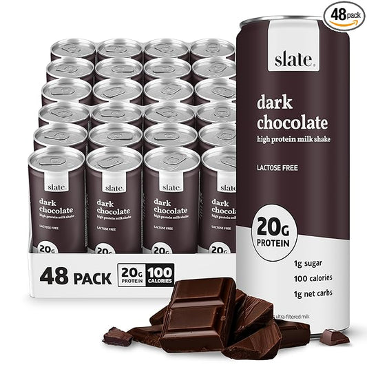 Slate Milk - High Protein Milk Shake - Dark Chocolate - Lactose Free, 20g Protein, 1g Sugar, 100 Calories, 1g Net Carbs, No Added Sugar - Natural, Breakfast Boost, Post Workout - 11 fl oz, 48 Cans