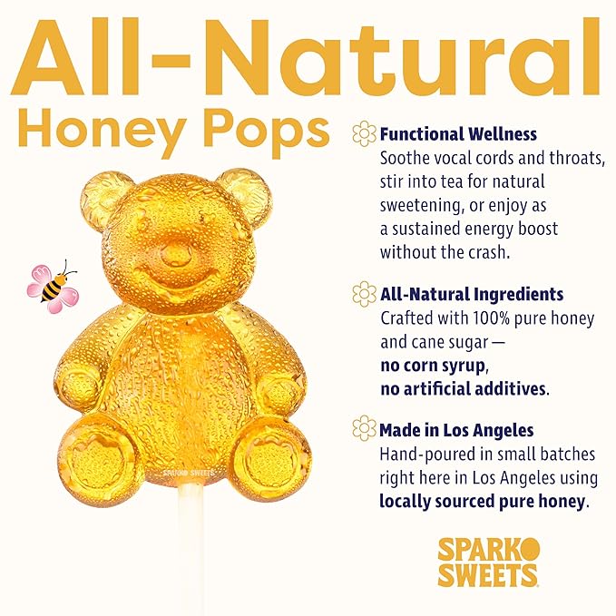 Sparko Sweets Natural Honey Bear Lollipops, 12 Count, No Artificial Ingredients, No Corn Syrup, 1.5 lbs, Made in USA – Perfect for Gifting, Tea Stirring, and Natural Sweet Treats