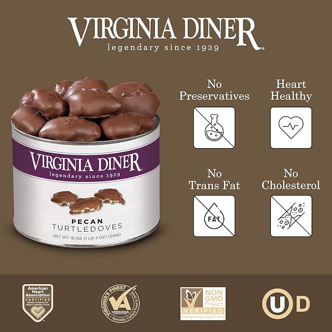 Virginia Diner Chocolatey Pecan Turtledoves Candy Clusters with Caramel - Preservative Free Gifts from Virginia Since 1929-18 Oz Can -Dovetails