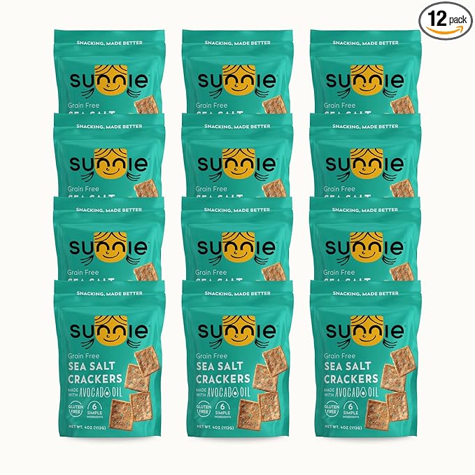 Sunnie Gluten Free Crackers, Healthy Grain-Free Sea Salt Cracker, Snacks for Kids & Adults, Made with Avocado Oil, Only 6 Ingredients, Vegan Snack, Low Calorie, 4 Oz, Pack of 12