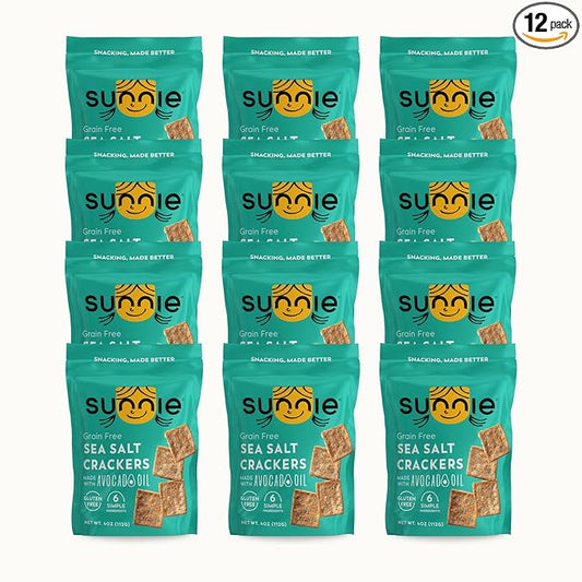 Sunnie Gluten Free Crackers, Healthy Grain-Free Sea Salt Cracker, Snacks for Kids & Adults, Made with Avocado Oil, Only 6 Ingredients, Vegan Snack, Low Calorie, 4 Oz, Pack of 12