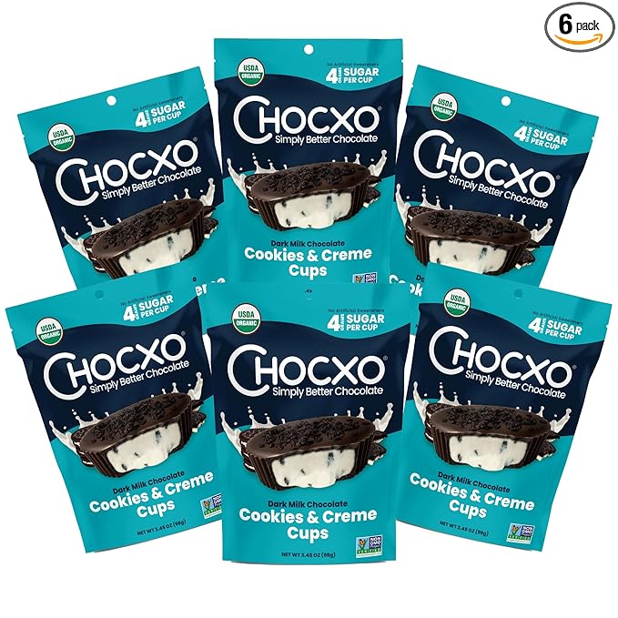 Chocxo Dark Milk Chocolate Cookies & Crème Cups - Lower Sugar, 69% Organic Cacao, NonGMO, Keto, Gluten Free, Kosher, No Artificial Sweeteners/Sugar Alcohols, 3.45 oz (Pack of 6)