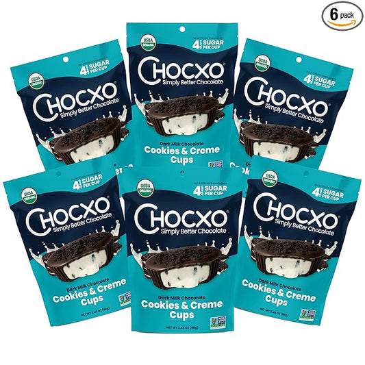 Chocxo Dark Milk Chocolate Cookies & Crème Cups - Lower Sugar, 69% Organic Cacao, NonGMO, Keto, Gluten Free, Kosher, No Artificial Sweeteners/Sugar Alcohols, 3.45 oz (Pack of 6)