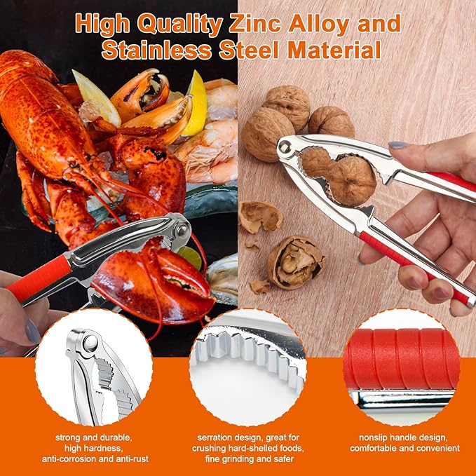 Anglekai Nut Crackers, 8Pcs Multi-Purpose Stainless Steel Seafood Pecan Cracker, Non-slip Handle Walnut Cracking Tools (Red)