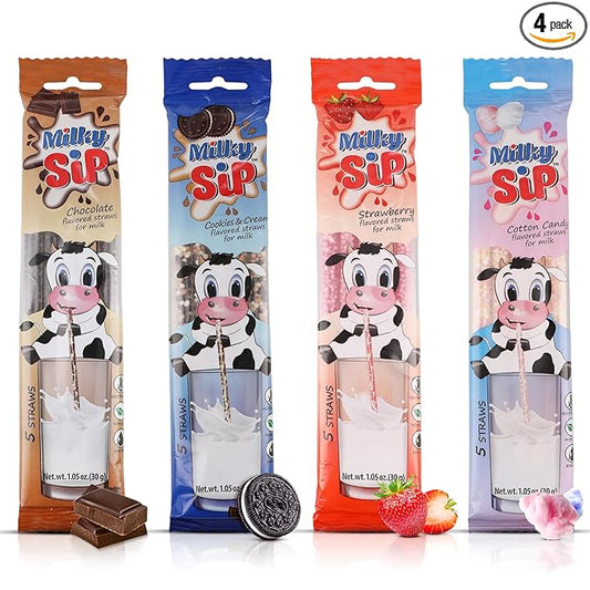 20 Milky Sip Flavored Straws for Milk - 4 Packs of Milk Flavoring Straws, 5 Each Chocolate, Strawberry, Cotton Candy, Cookies & Cream. Magical Flavor Makes Children Eager and Love to Drink Milk