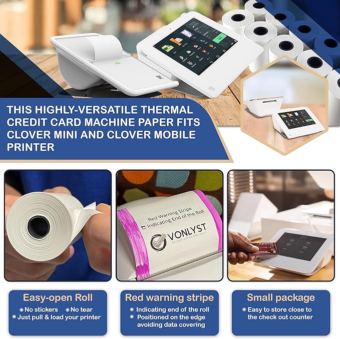 Vonlyst Receipt Paper for Clover Mini and Clover Mobile Thermal Printer 2 1/4 x 80 (20 rolls)
