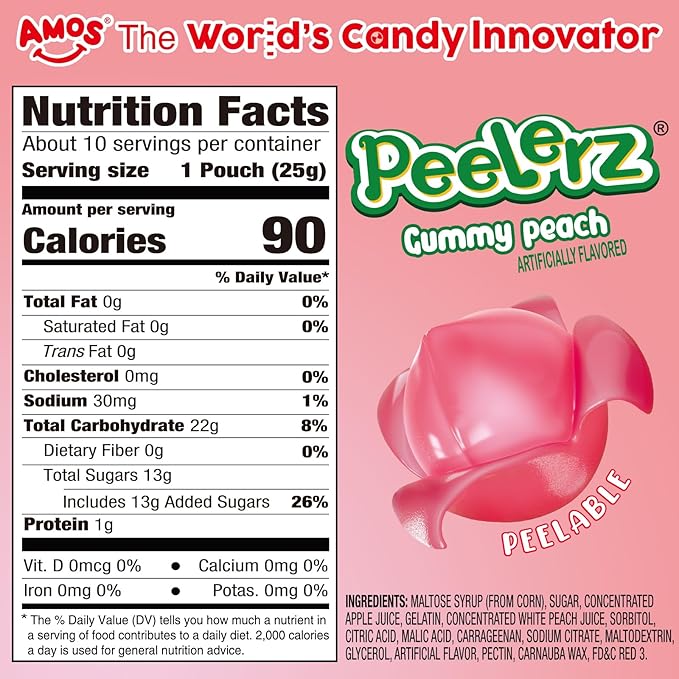 AMOS Peelerz Gummy Peach Candy, Peelable Fruit-Shaped Candy, 8.47oz Box with 10 Individual Packs – Fun Peeling Gummy Snack Made with Real Juice
