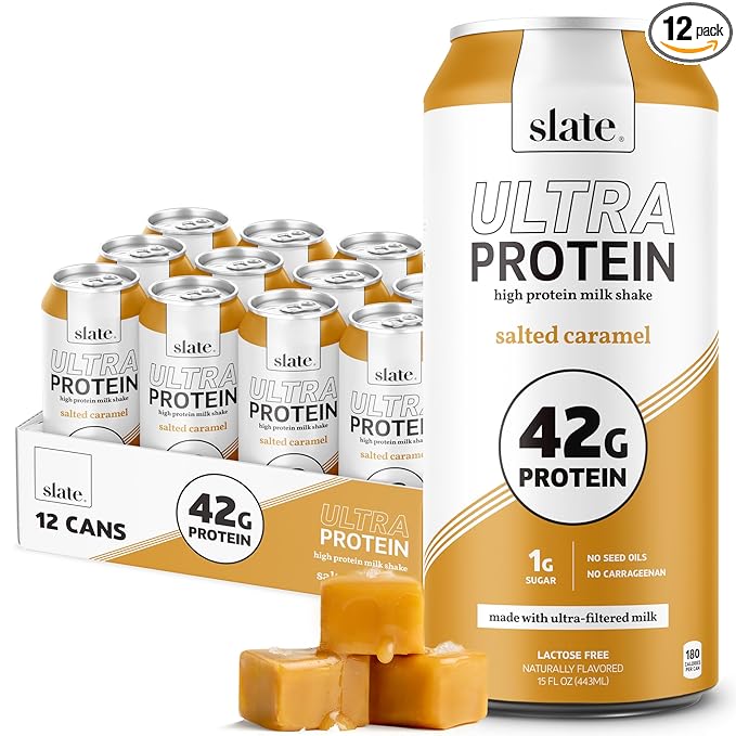 Slate Milk -Ultra Protein Shake-Salted Caramel-42g Protein,1g Sugar,180 Calories,1g Net Carbs-Lactose Free,No Added Sugar-Made with Ultra Filtered Milk- Breakfast Boost,Post Workout- 15 fl oz,12 Cans