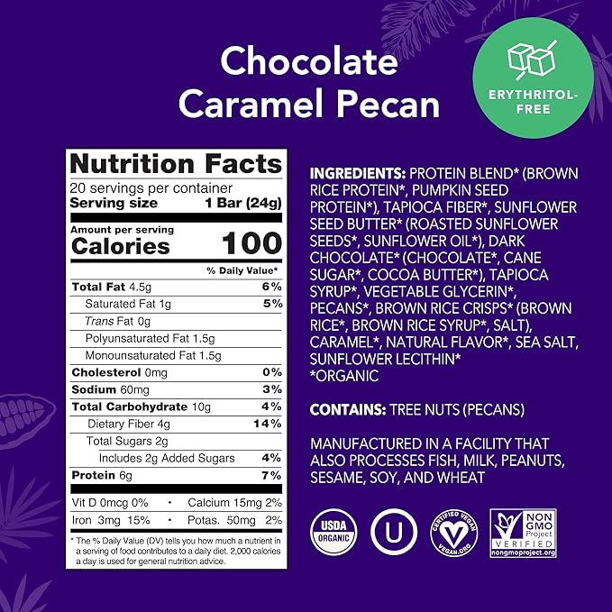 ALOHA Organic Plant Based Protein Bar MINIS | Caramel Chocolate Pecan | GLP-1 Friendly, 20 Count, 24g Bars | Vegan, Low Sugar, Gluten Free, Low Carb, Non-GMO, No Stevia, No Soy, No Sugar Alcohols