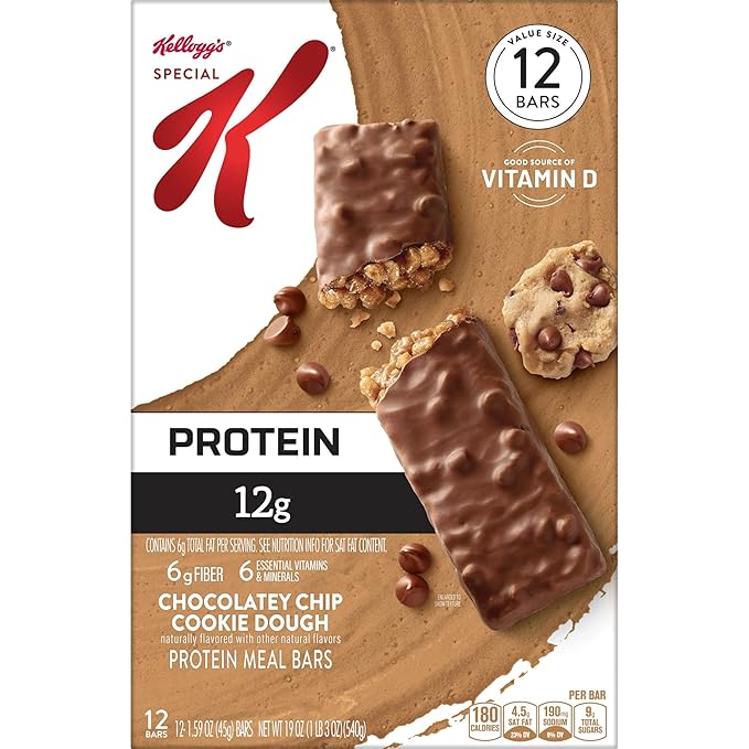 Kellogg's Special K Protein Meal Bars, 12g Protein Snacks, Meal Replacement, Chocolatey Chip Cookie Dough, 19oz Box (12 Bars) (Pack of 2)