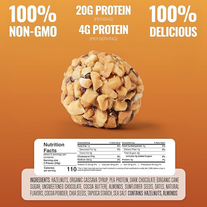 The GFB Dark Chocolate Hazelnut Protein Bites - Gluten Free, Plant Based, Non GMO, Sustainably Made – Ridiculously Tasty, Healthy, Vegan, Protein Energy Balls, 4 oz (4 Count)