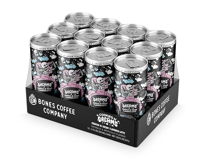 Bones Coffee Company Cookies N' Dreams Latte Flavored Coffee, Medium Roast Ready To Drink Iced Coffee in Can, 11 Fl Oz Can (12 Pack)