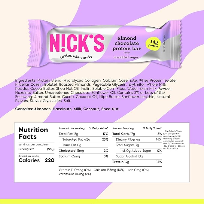 Nick’s Protein Bars Almond Chocolate – 12-Count Box | Protein-Packed Snack, Low Calories, Low Carbs, Keto Friendly, No Added Sugar (12 bars x 50g)