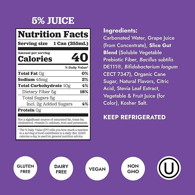 Slice Healthy Soda, Grape, Prebiotic & Probiotic Soda Pop, 5g Fiber, 40 calories, 12 fl oz 12 Pack