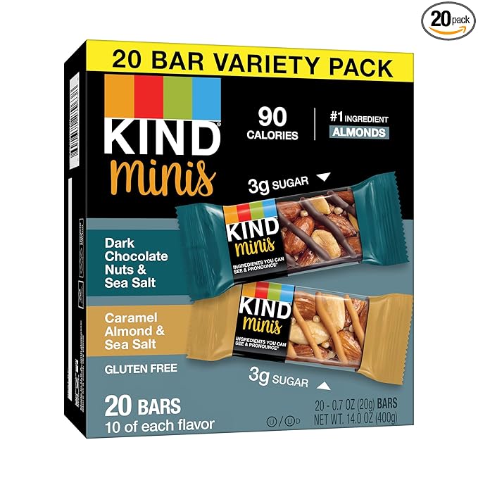 KIND Minis Snack Bars, Dark Chocolate Nuts & Sea Salt and Caramel Almond & Sea Salt, 3g Sugar, Gluten Free Bars, Variety Pack, 0.7 OZ, (20 Count)
