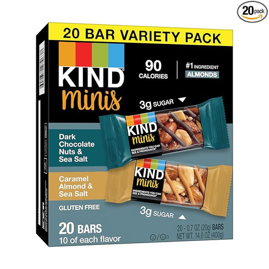KIND Minis Snack Bars, Dark Chocolate Nuts & Sea Salt and Caramel Almond & Sea Salt, 3g Sugar, Gluten Free Bars, Variety Pack, 0.7 OZ, (20 Count)