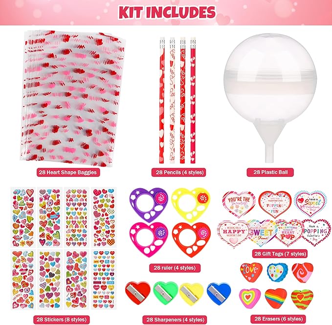 POPGIFTU Candy-Free Valentine’s Day Gifts for Kids – 28 Pack Giant Lollipop Stationery Valentines Kit with Cards, Pencils, Erasers, Rulers & Stickers –Classroom Valentine Cards for School Party Favors