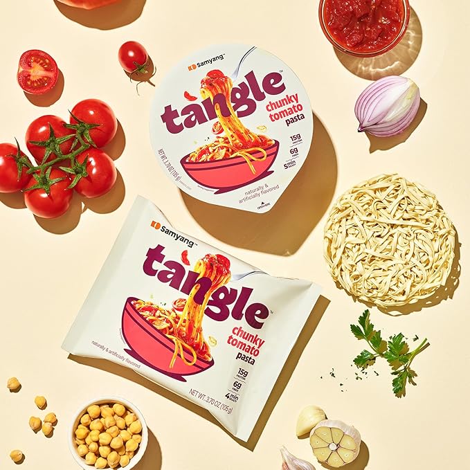 Samyang Tangle Chunky Tomato Pasta | Instant Pasta | Mukbang | 15g of Protein | Linguine | 6g of Fiber | Chick Pea based | Easy Prep | Convenient | 4 Pack