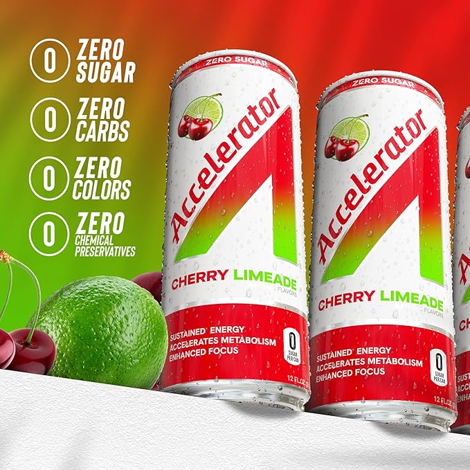 Accelerator Energy Drink, Cherry Limeade 12oz can (12 pack), Zero Sugar, Sustained Energy from 100% Natural Caffeine (200mg from Green Coffee Bean & Green Tea extract)