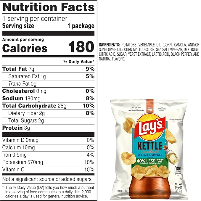 Lay's Kettle Cooked Potato Chips, 40% Less Fat Salt & Vinegar, 1.375 Ounce (Pack of 64)