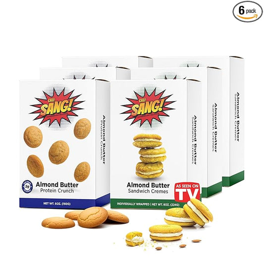 CHEF SANG! Protein Crunch & Almond Butter Cookies | No Artificial Flavors or Preservatives | Individually Wrapped | On-The-Go Snack Pack of 6