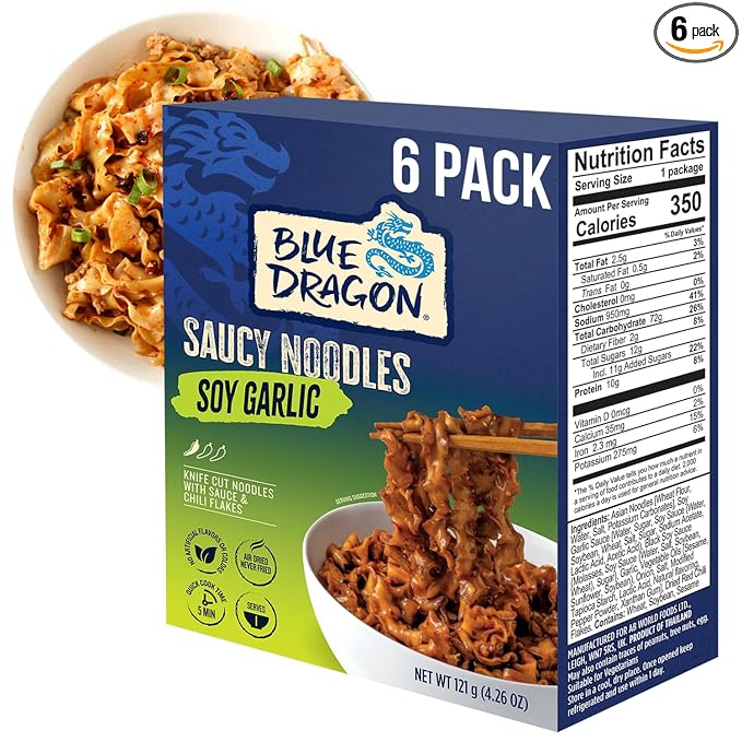 Blue Dragon Soy Garlic Saucy Noodles 4.2 oz (Pack of 6) – Knife-Cut Noodles with Soy Garlic Sauce & Chili Garnish – Air-Dried, Never Fried – Vegetarian Friendly