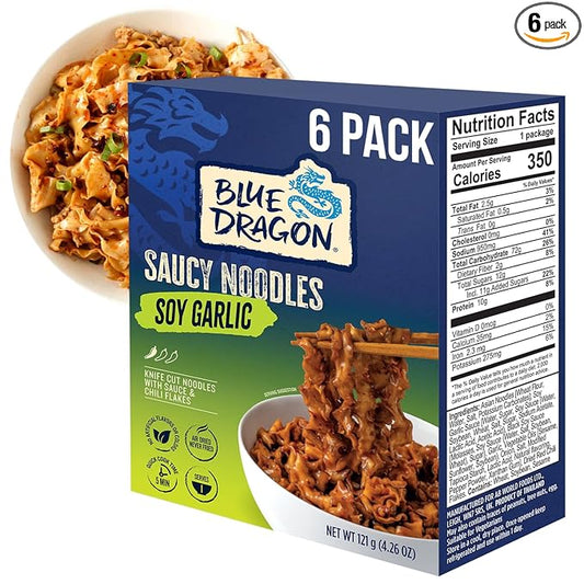 Blue Dragon Soy Garlic Saucy Noodles 4.2 oz (Pack of 6) – Knife-Cut Noodles with Soy Garlic Sauce & Chili Garnish – Air-Dried, Never Fried – Vegetarian Friendly