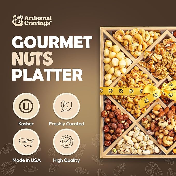 Gourmet Mixed Nuts Gift Basket with Lazy Susan in Sleek Bamboo Wood Reusable Platter | XL 2.5 lb Platter Includes 12 Assortments of Premium Nuts, Kosher