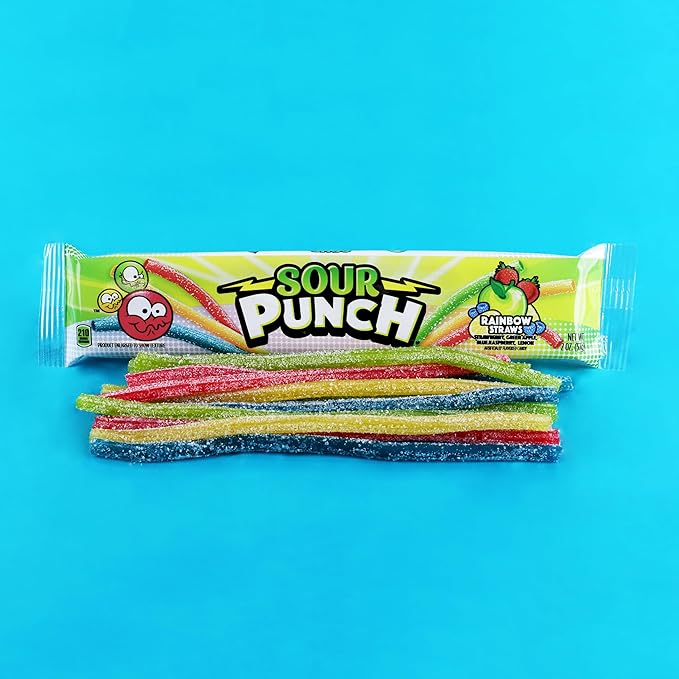 Sour Punch Straws, Rainbow Fruit Flavors, Chewy Sweet & Sour Candy, 2oz Tray (24 Pack)