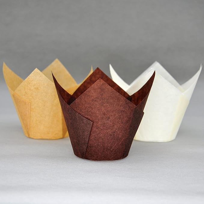 MyBakning (JUMBO EXTRA LARGE size) Natural+Brown+White Tulip Baking Cups 2-1/4"(Base diameter) x 3-3/4"(Wall height) Greaseproof paper baking cupcake Muffin liners, Case of 130 pcs