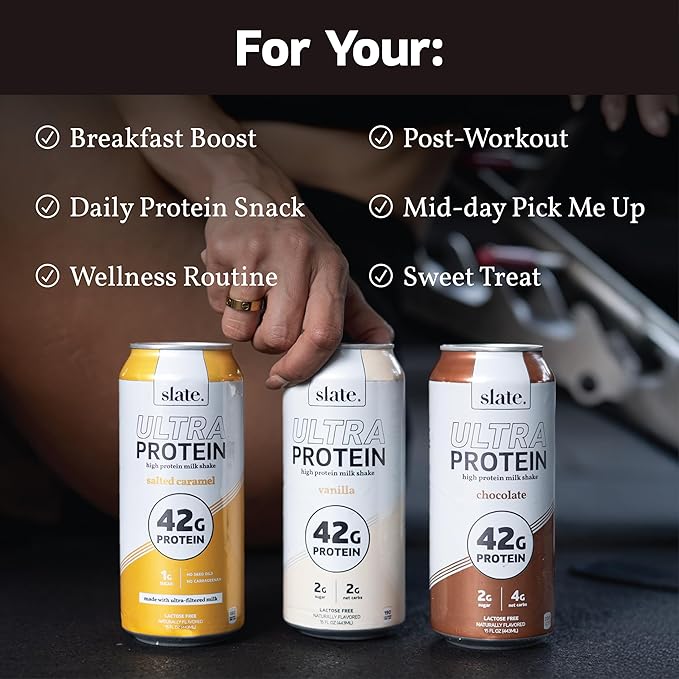 Slate Milk - Ultra Protein Shake - Sweet & Salty Pack - Chocolate, Vanilla, Salted Caramel - 42g Protein, 2g Sugar, 200 Calories, 4g Net Carbs - Lactose Free, No Added Sugar - 15 fl oz, 12 Cans
