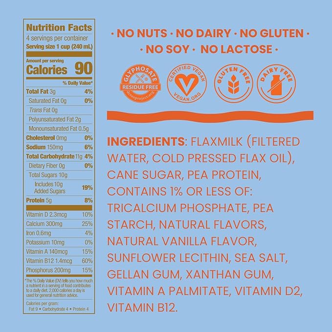 Good Karma Vanilla Flaxmilk +Protein, 32 Ounce (Pack of 6), 5g Plant Protein + 1200mg Omega-3 Per Serving, Plant-Based Non-Dairy Milk Alternative, Lactose Free, Nut Free, Vegan, Shelf Stable