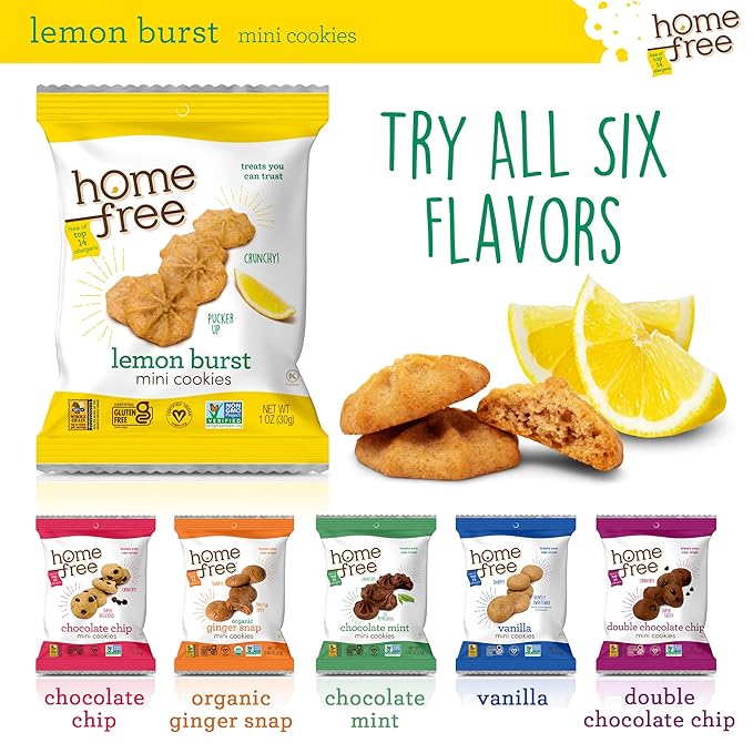 Homefree Treats You Can Trust Gluten Free Mini Cookies, Single Serve, Lemon Burst, 1.0 Ounce (Pack of 64)