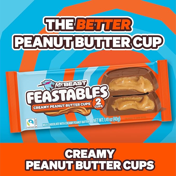 Feastables MrBeast Peanut Butter Cups, Milk Chocolate & Creamy Peanut Butter Filling, Cups for Adults & Kids, Chocolate Candy for Snacks, Gifts, or Dessert, Made With Fairtrade Cocoa, 2 Pack, 24 Count