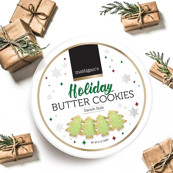 Mattigan's Holiday Cookies, Danish Style Assorted Butter Cookies, 12 oz Tin, Christmas Cookie Gift Set, Gourmet Gifts, Holidays, Christmas & Stocking Stuffer, Special Occassions Reusable Metal Tin