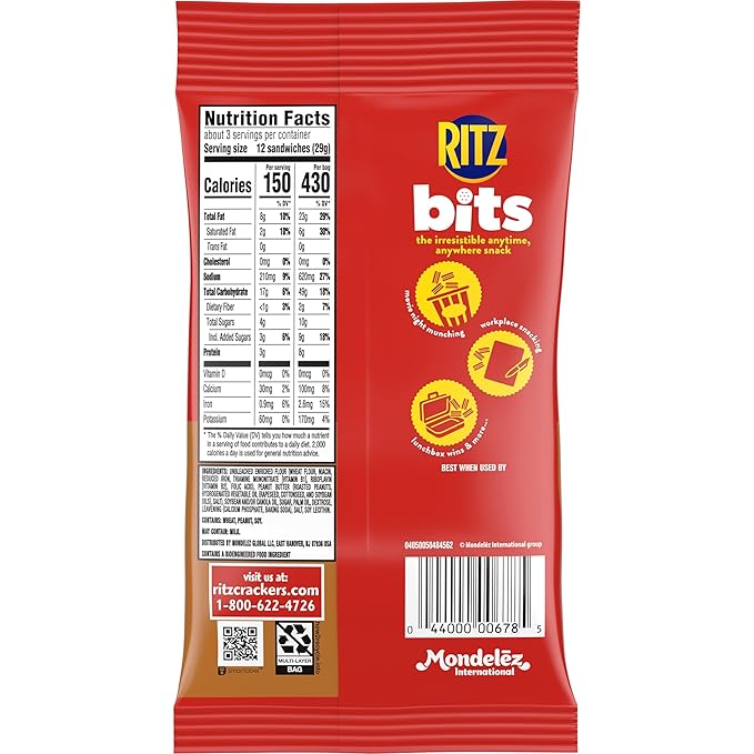 RITZ Bits Peanut Butter Sandwich Crackers, Snacks for Kids and Adults, Lunch Snacks, 12 - 3 oz Bags