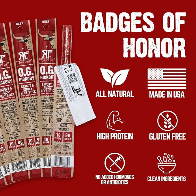 Righteous Felon Meat Sticks | 100% Grass Fed Beef | Keto, Gluten-Free, Low Sugar, High Protein Healthy Snacks | Valentines Day Jerky Gifts for Men | OG Hickory Beef Sticks, 24 Count
