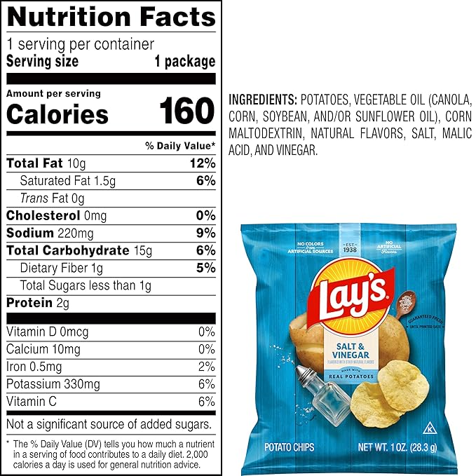Lay's Salt & Vinegar Flavored Potato Chips, 1 oz Bags, (40 Count) (Packaging May Vary)