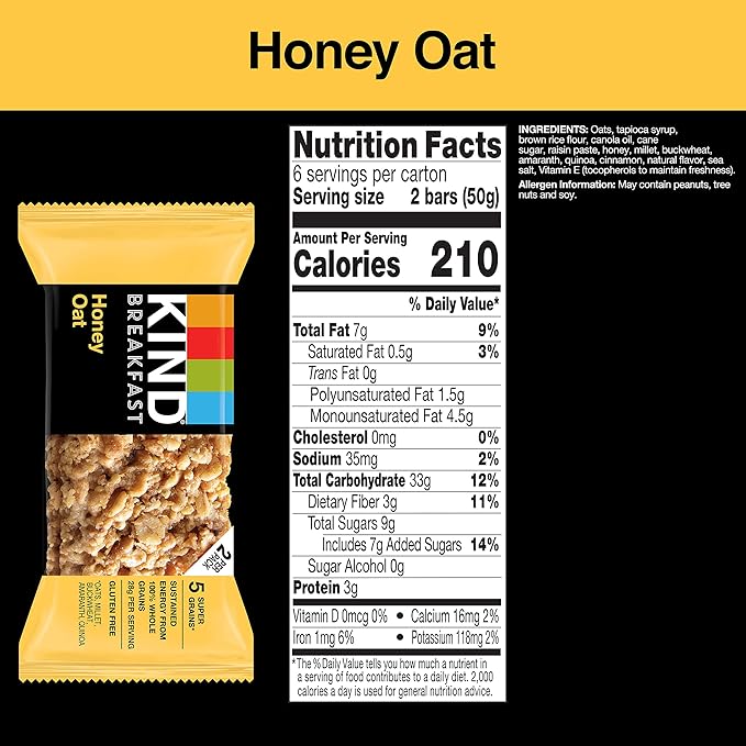 KIND Breakfast Bars, Honey Oat, Healthy Snacks, Gluten Free, 100% Whole Grains, 3g Protein, 30 Count