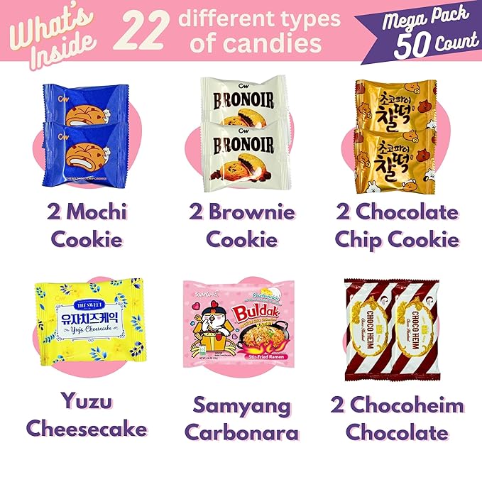 Korean Snack Box Variety Pack – 50 Count Individually Wrapped Korean Sweets & Treats Gift Box – Assortment of Authentic Korean Candies and Chocolates – Great for Gifting, Sharing & Snacking