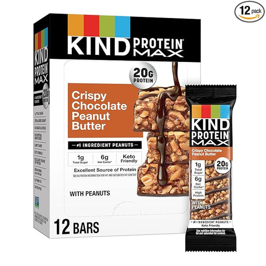 KIND Protein MAX Crispy Chocolate Peanut Butter Snack Bars, 20g of Protein, Keto Friendly, 1g of Sugar Per Bar, Gluten Free, 12 Count Box
