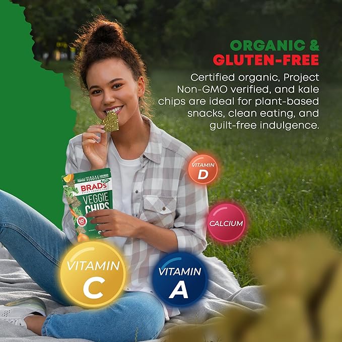 Brad’s Plant-Based - Organic Veggie Kale Chips - Healthy Snacks Delicious - High Protein & High Fiber Snacks - Low Carb - Organic Veggie On-the-Go Kale Chips - 3 Oz (Pack of 5)