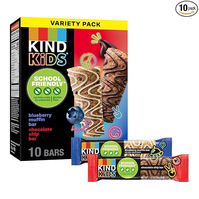 KIND Kids School Friendly Blueberry Muffin and Chocolate Chip Oat Bars Variety Pack, Tree Nut and Peanut Free, Gluten Free, Made With Whole Grain Oats, 5g Protein, 10 Count