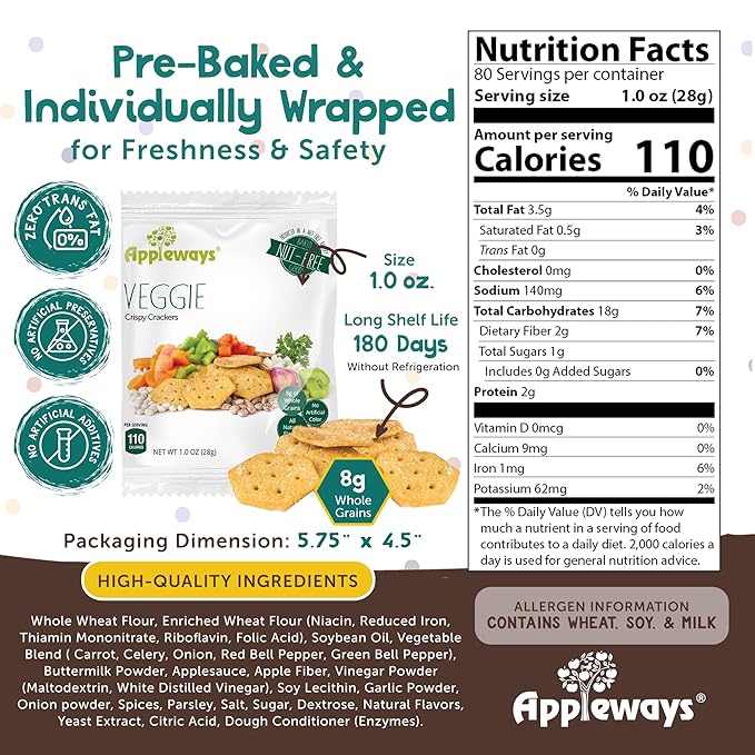 Appleways Vegetable Crackers, Pack of 20 (1 oz Each), Crispy Whole Grain and Multigrain Wheat Snack Crackers Healthy with No Preservatives, Individually Wrapped for Lunchboxes and On-the-Go Snacking
